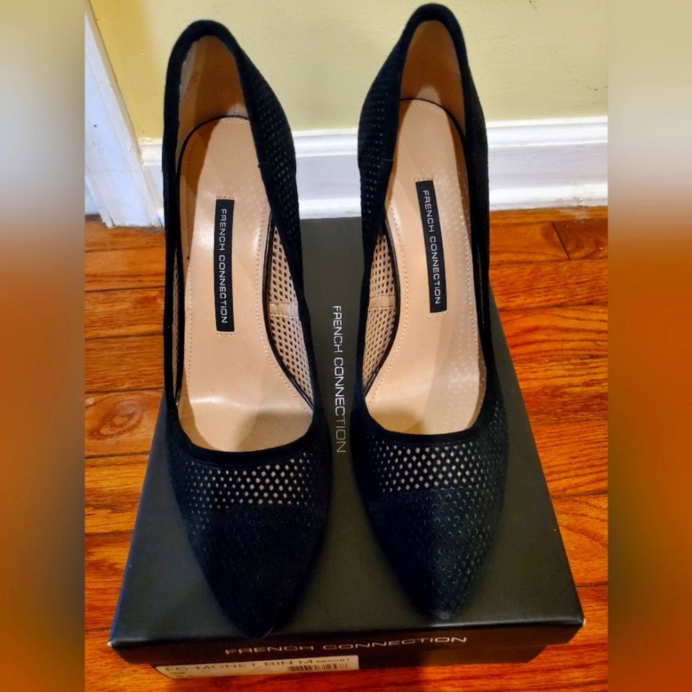 French Connection Black Suede Mesh Stiletto Heel Pointed Toe Pump